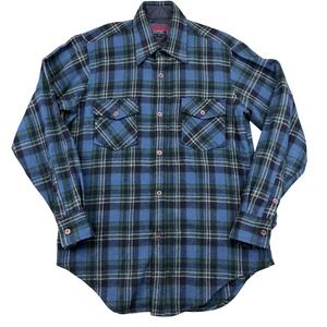 Vintage Ponderosa Shirt Mens Medium Blue Green Plaid Wool Flannel Lined Korea